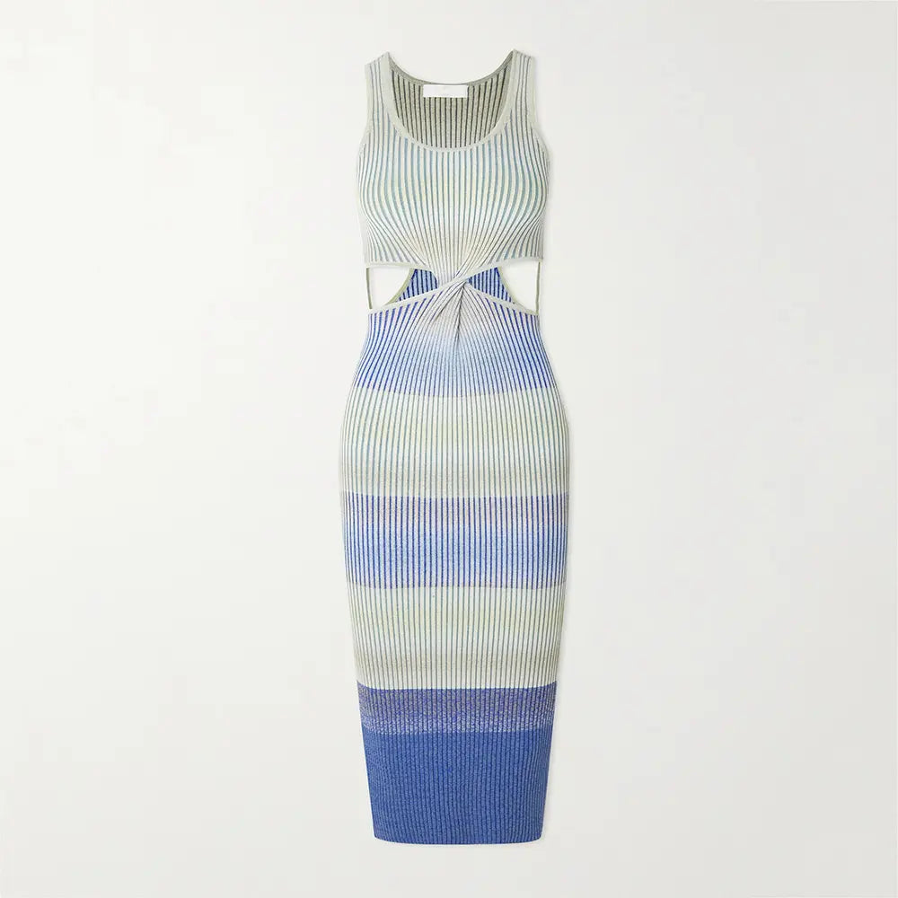 Midi Dress Fashion Lady Elegant Summer Girls Casual Womens Dresses Knitting Dresses Cutout Space-Dyed Ribbed-Knit Bodycon