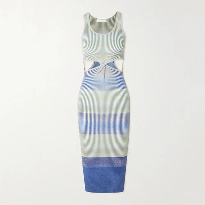 Midi Dress Fashion Lady Elegant Summer Girls Casual Womens Dresses Knitting Dresses Cutout Space-Dyed Ribbed-Knit Bodycon