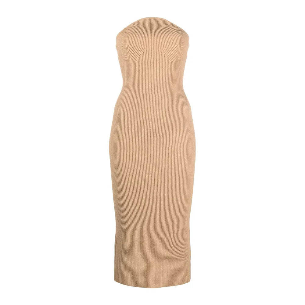 knitwear manufacturers custom Logo rib Knit Dress midi bodycon Knit Dress strapless fall sweater dress women clothing