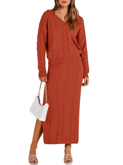 Custom Women's 2 Piece Sweater Winter V neck Oversized cable Long Sleeve Knit Tops and Slit Dress