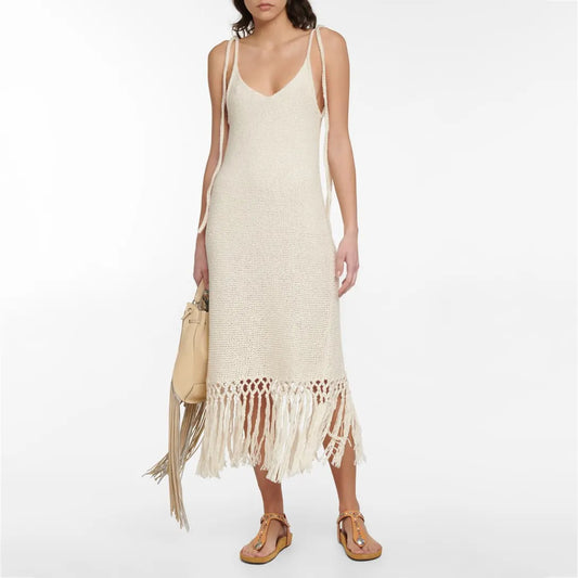 White Fringed Cotton Midi Dress Custom Fashion Lady Elegant Summer Girls Casual Womens Dresses Knitting Dresses