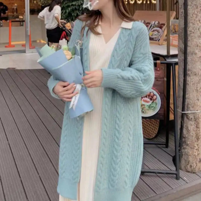 Autumn and Winter Knitted Fashion Simple Loose Twist Maxi Sweater Coat Cardigan for Women