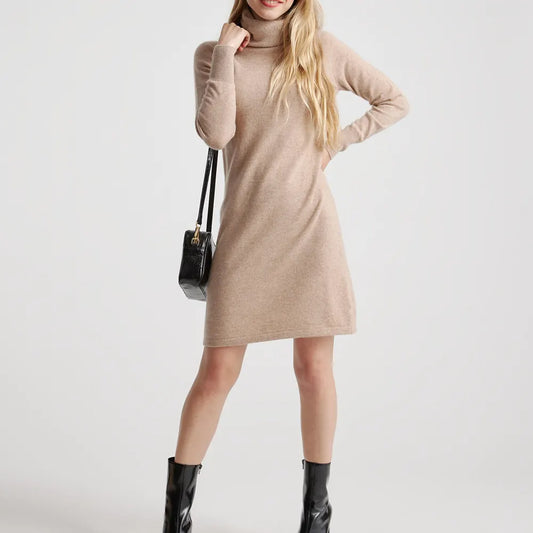Manufacture OEM ODM Ladies casual long dress solid color all seasons turtleneck Mongolian Cashmere dress women dress
