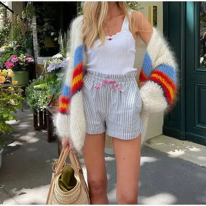 Custom chunky knit oversized striped Cardigan sweater women lady loose knitwear fuzzy long lantern sleeve cardigan for women