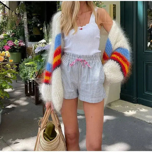 Custom chunky knit oversized striped Cardigan sweater women lady loose knitwear fuzzy long lantern sleeve cardigan for women