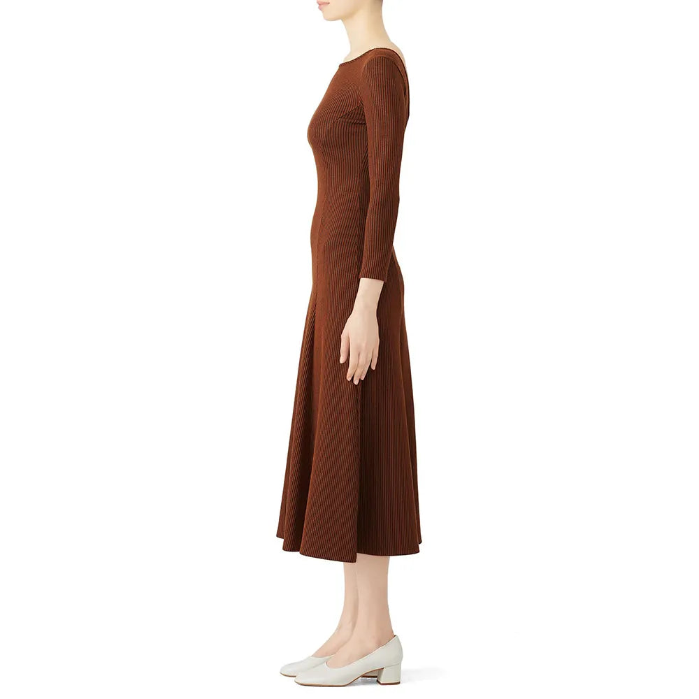 Knitwear manufacturers custom brown round necked long sleeved ribbed knitted luxury women's sweater dress clothing