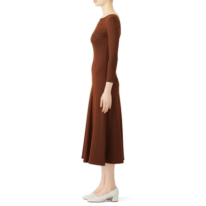Knitwear manufacturers custom brown round necked long sleeved ribbed knitted luxury women's sweater dress clothing