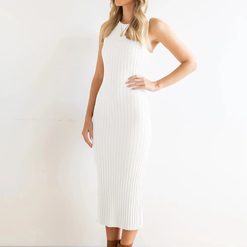Custom knit sweater women solid ribbed knit halter neck dresses casual slim bodycon summer knit sweater dress for woman