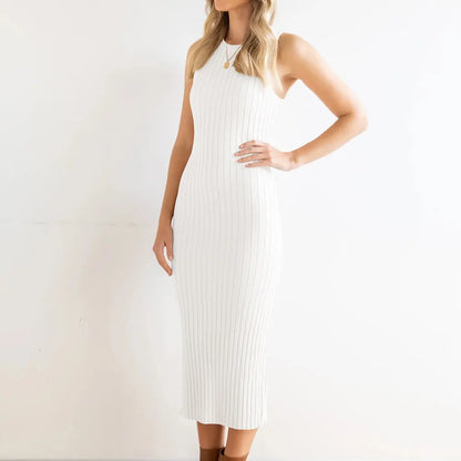 Custom knit sweater women solid ribbed knit halter neck dresses casual slim bodycon summer knit sweater dress for woman