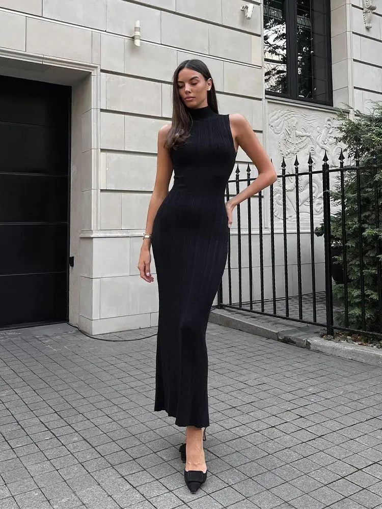 Knitwear manufacturer Custom sleeveless turtleneck sweater knit dress ladies Rib knit Slim Elegant Women Maxi Dress