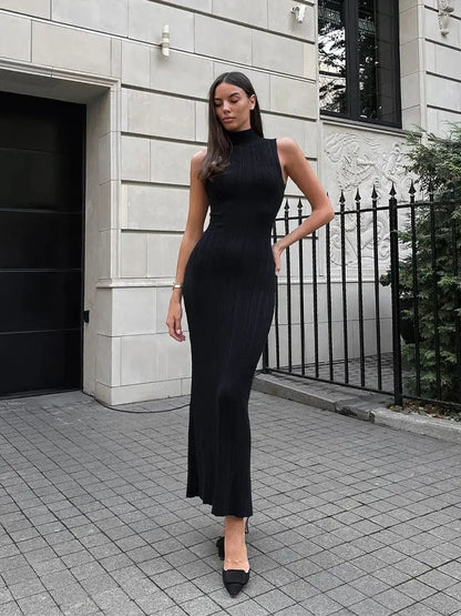 Knitwear manufacturer Custom sleeveless turtleneck sweater knit dress ladies Rib knit Slim Elegant Women Maxi Dress