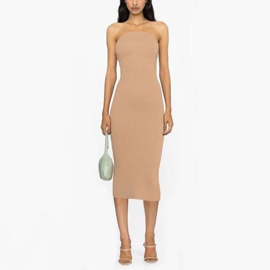 knitwear manufacturers custom Logo rib Knit Dress midi bodycon Knit Dress strapless fall sweater dress women clothing
