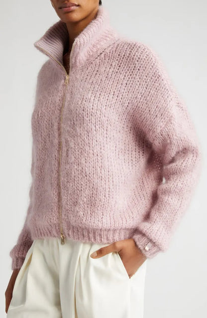 2023 winter clothes custom knit sweater women mohair zipper cardigan chunky knit jacket zip up sweater cardigan for women
