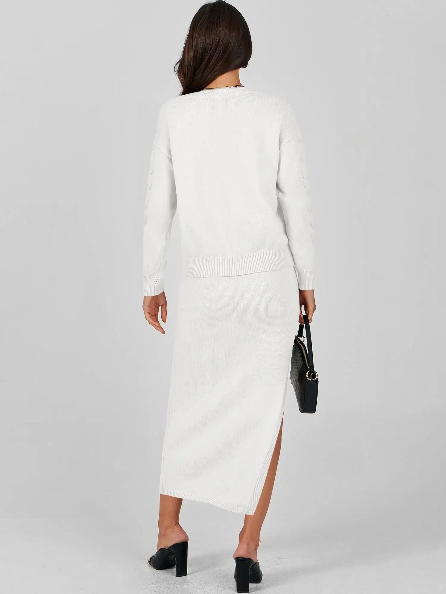 Custom Women's 2 Piece Sweater Winter V neck Oversized cable Long Sleeve Knit Tops and Slit Dress