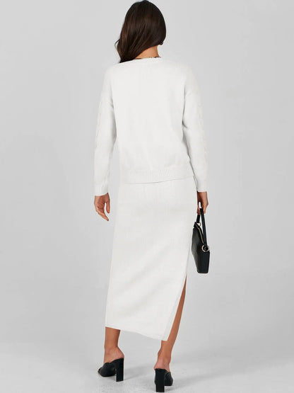 Custom Women's 2 Piece Sweater Winter V neck Oversized cable Long Sleeve Knit Tops and Slit Dress