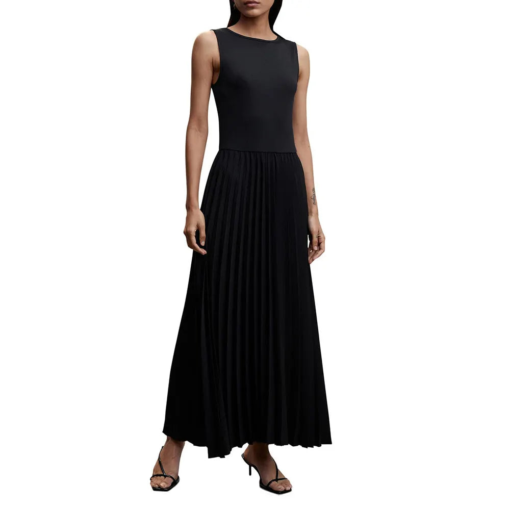 Custom knit sweater pleated skirt summer clothing maxi halter dress black rib knitting crewneck sleeveless women sweater dress
