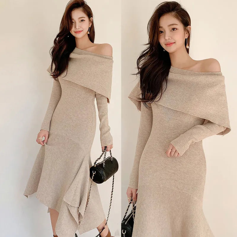 High Quality New Elegant Sexy Solid Color Off Collar Slim Fit Ruffled Knitted Bottoming Sweater Dress for Women