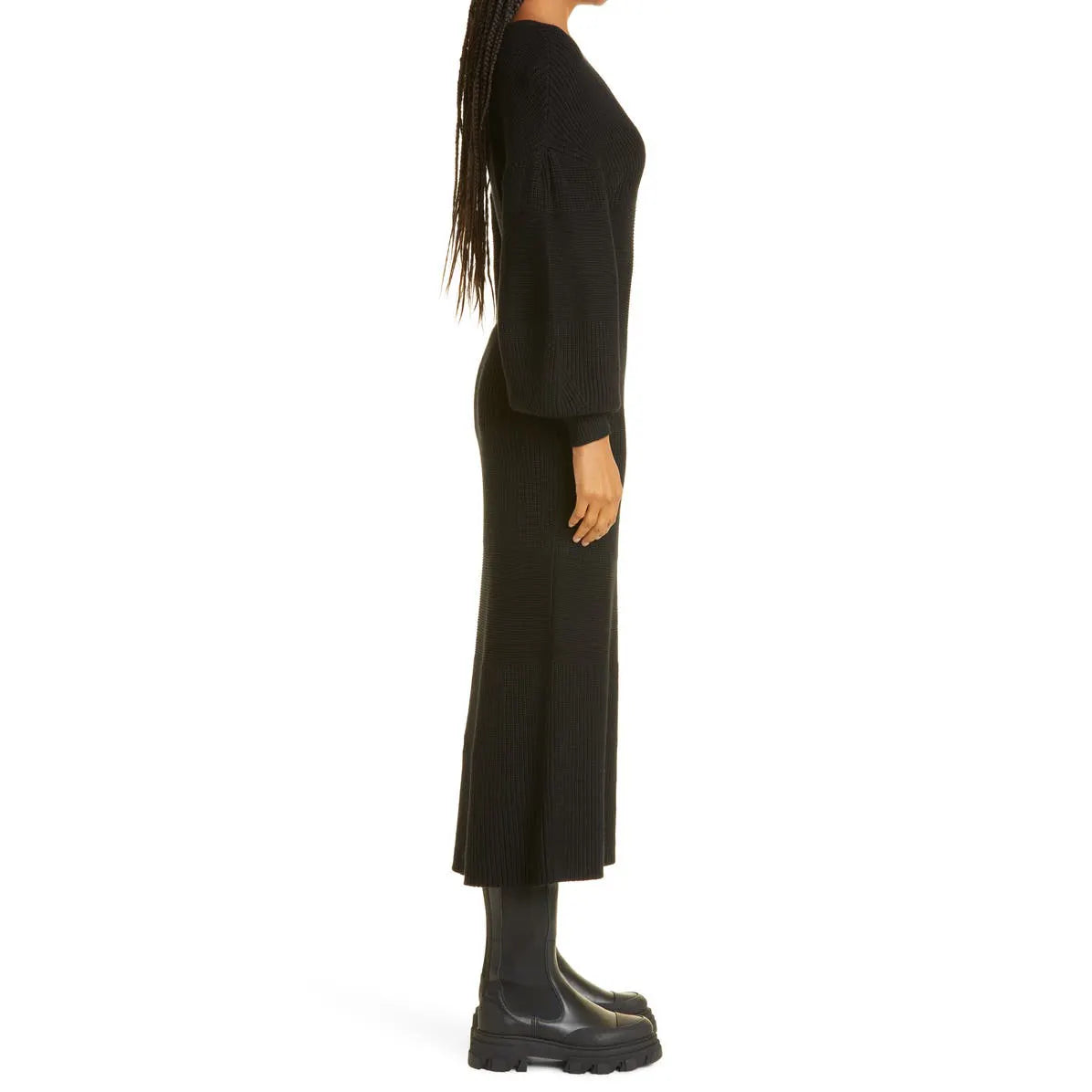 Custom Knitwear ladies elegant Rib Knit dress puff long sleeve formal dress casual Womens Sweater Dress Clothing for women
