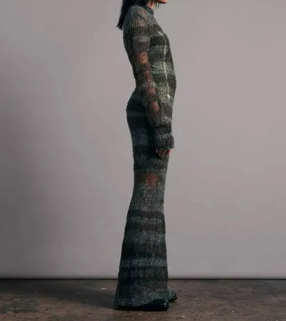 Custom Streetwear Distressed Knit Hollow Out Women Sexy Transparent Crochet Long Maxi Mohair Dresses