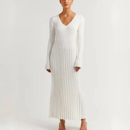 Custom Elegant women Rib knit maxi long dress solid color fashion winter knitwear long sleeve dress women casual sweater dress