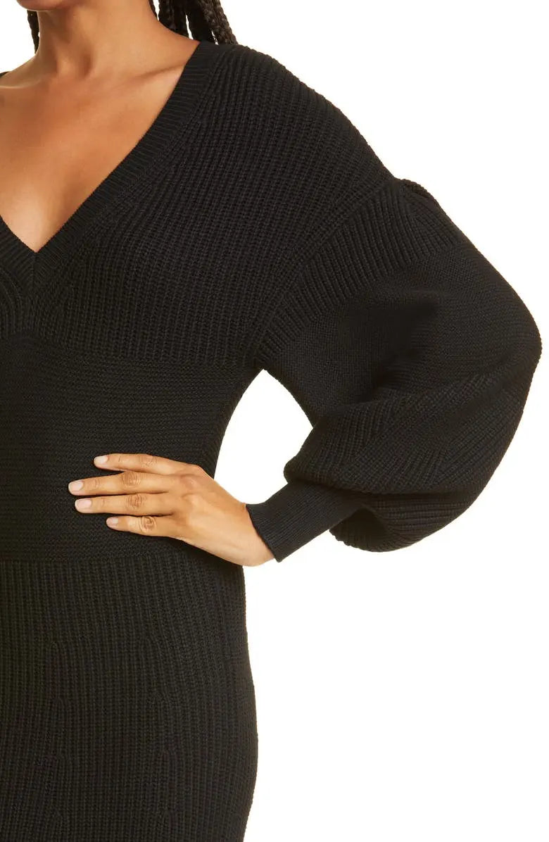Custom Knitwear ladies elegant Rib Knit dress puff long sleeve formal dress casual Womens Sweater Dress Clothing for women