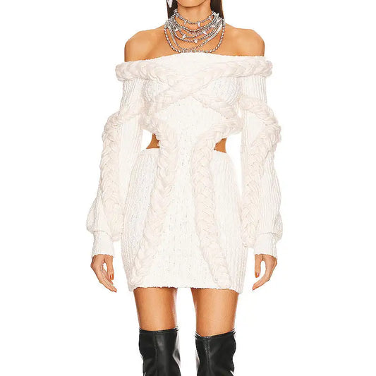 Knitwear Manufacturer Custom Knit One Shoulder Sweater Dress Long sleeve cable knit dress Sweater Dress women Clothing
