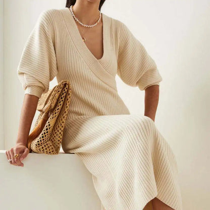 Custom Puffed Sleeves Ribbed Cotton Knit Midi Dress Custom Fashion Lady Elegant Girls Casual Womens Dresses Knitting Dresses