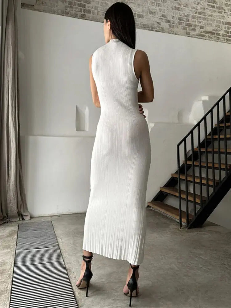 Knitwear manufacturer Custom sleeveless turtleneck sweater knit dress ladies Rib knit Slim Elegant Women Maxi Dress