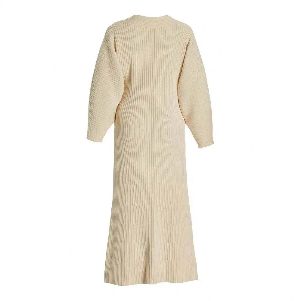 Custom Puffed Sleeves Ribbed Cotton Knit Midi Dress Custom Fashion Lady Elegant Girls Casual Womens Dresses Knitting Dresses