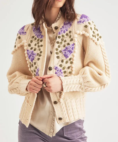 Custom Knit Sweater - Winter Loose Tricot Jacquard Cardigan with Hand Embroidery for Women, Vintage Knitwear