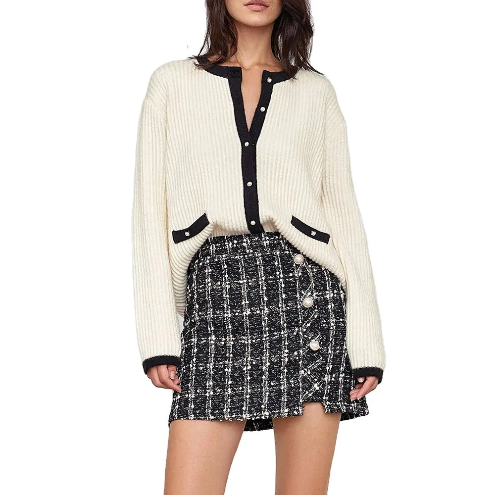 knitwear manufacturer Custom OEM ODM Beige Contrast Single Breasted Crew Neck women sweater long sleeve Knitted Cardigan