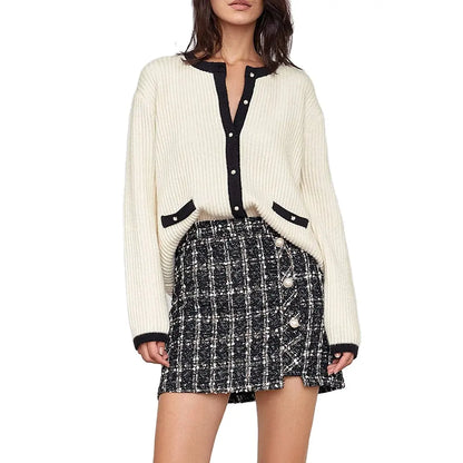 knitwear manufacturer Custom OEM ODM Beige Contrast Single Breasted Crew Neck women sweater long sleeve Knitted Cardigan
