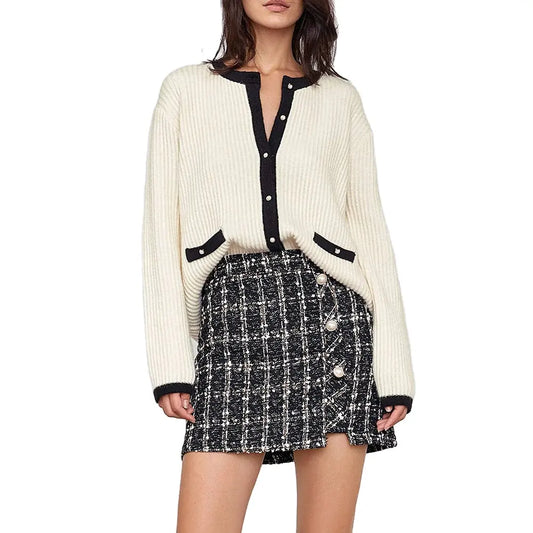 knitwear manufacturer Custom OEM ODM Beige Contrast Single Breasted Crew Neck women sweater long sleeve Knitted Cardigan