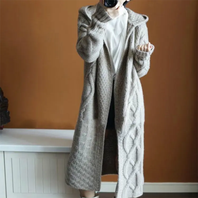 Custom hoodie Sweater maxi long coat female hooded plus size cable chunky long knitted cotton women sweater cardigan for women
