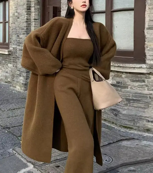 Top Fashion Winter Wool Cashmere Three-piece Set Women's Clothing Formal Tube Pullover Sweater Long Cardigan Loose Pants Sets