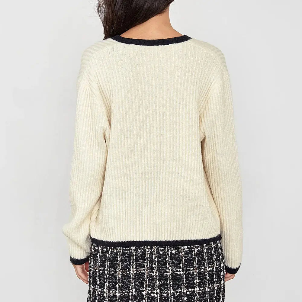 knitwear manufacturer Custom OEM ODM Beige Contrast Single Breasted Crew Neck women sweater long sleeve Knitted Cardigan