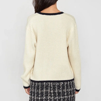knitwear manufacturer Custom OEM ODM Beige Contrast Single Breasted Crew Neck women sweater long sleeve Knitted Cardigan