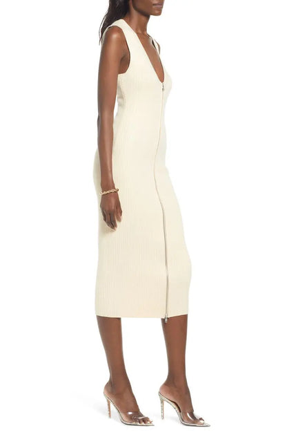 Cotton Dress Women Custom Design Sleeveless Knitted Dresses Zip-Up Sweater Midi Dress
