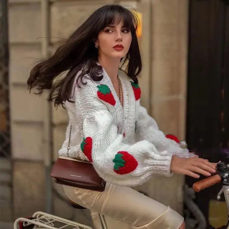 Women 2024 New Strawberry Accessory V-neck Knitted Cardigan Sweater Loose Lantern Sleeve Jacket Short Sweater