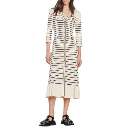 Custom knit tank top dresses ladies knitwear OEM design stripe button down Long Sleeve casual Sweater Dress women Clothing