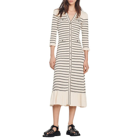 Custom knit tank top dresses ladies knitwear OEM design stripe button down Long Sleeve casual Sweater Dress women Clothing