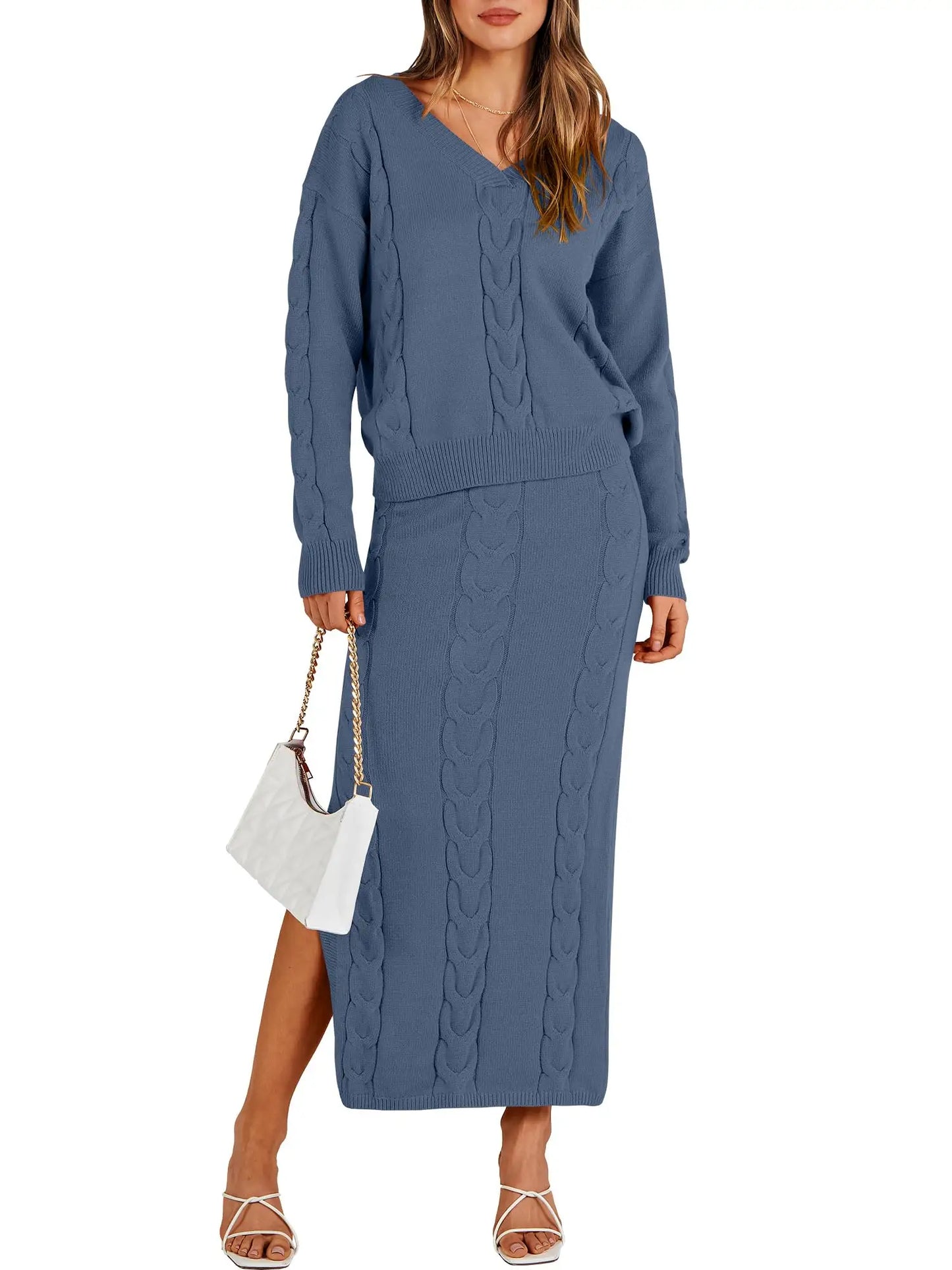 Custom Women's 2 Piece Sweater Winter V neck Oversized cable Long Sleeve Knit Tops and Slit Dress