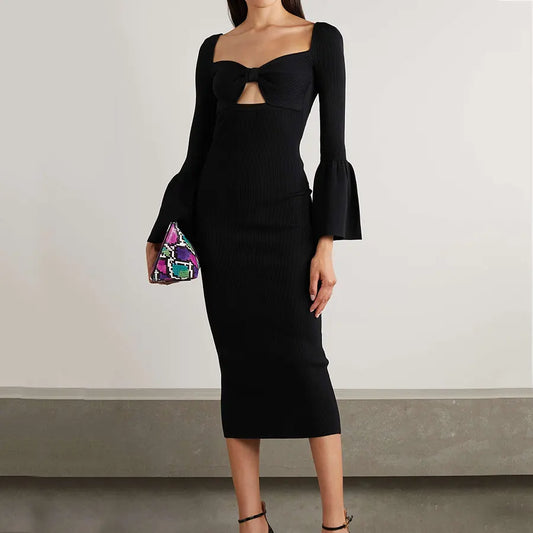 Custom knitwear mufacturers wsomen knitted dresses Black Cutout ribbed knit midi sweater dress women clothing