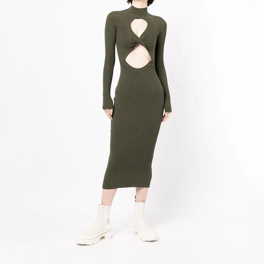 Custom Rib Knit Maxi Dress Fashion Knitted Long Lady Elegant Winter Girls Casual Womens Dresses Cut-out mock neck Sweater Dress