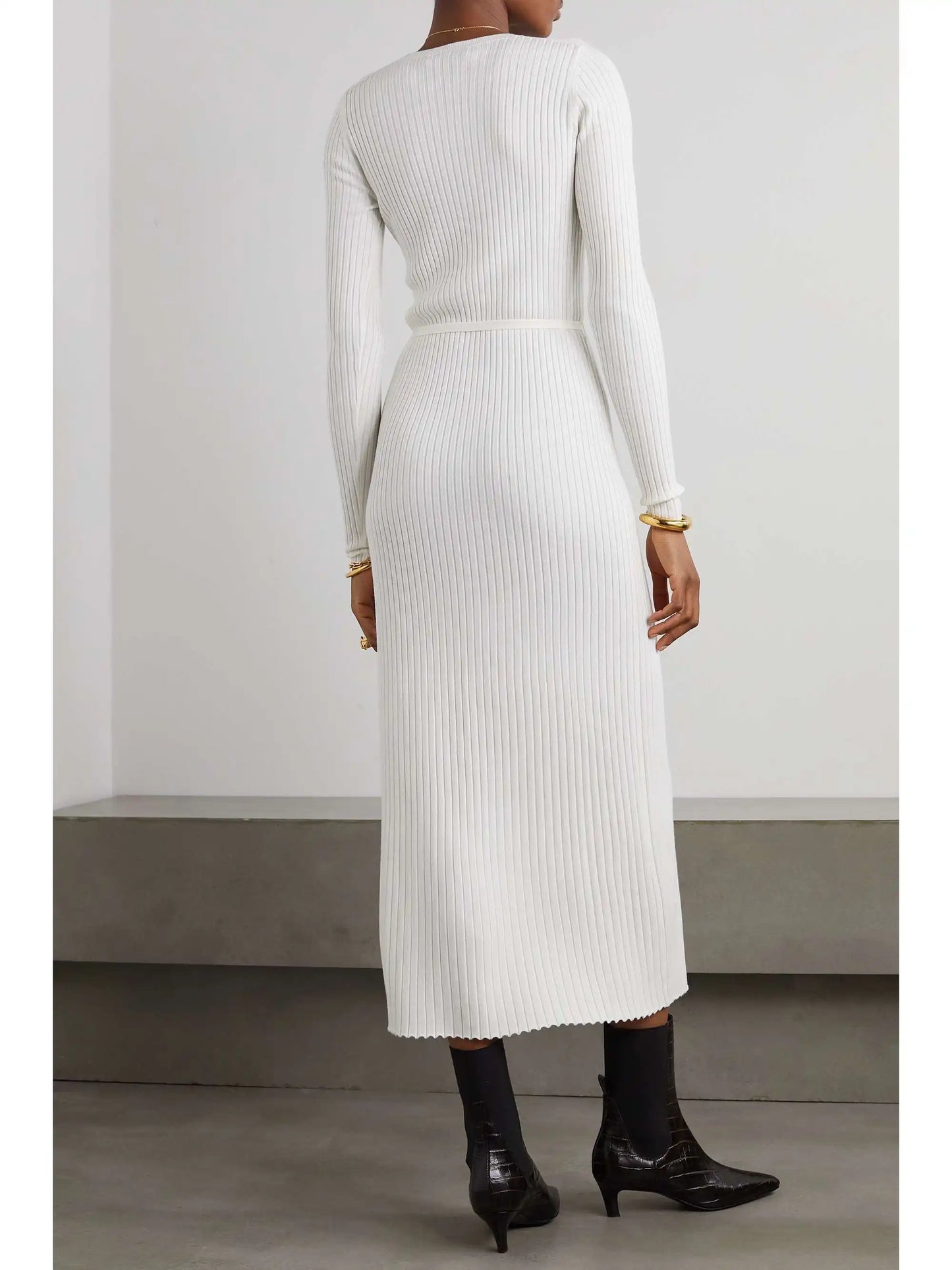 Knitwear Manufacturer Custom Autumn Winter White crew Neck Long Sleeve Ribbed Knit Women Wool Silk Sweater Dress
