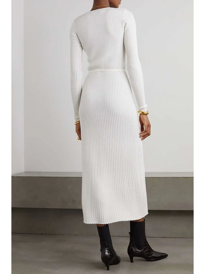 Knitwear Manufacturer Custom Autumn Winter White crew Neck Long Sleeve Ribbed Knit Women Wool Silk Sweater Dress