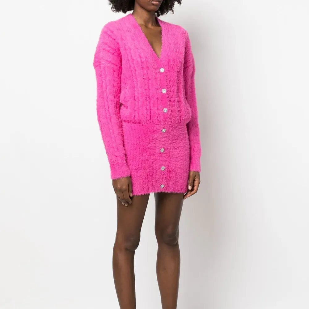 Winter High Quality Custom pink fuzzy sweater dress V Neck Sexy Knitted Long Sleeve Mini Sweater Dress for Women