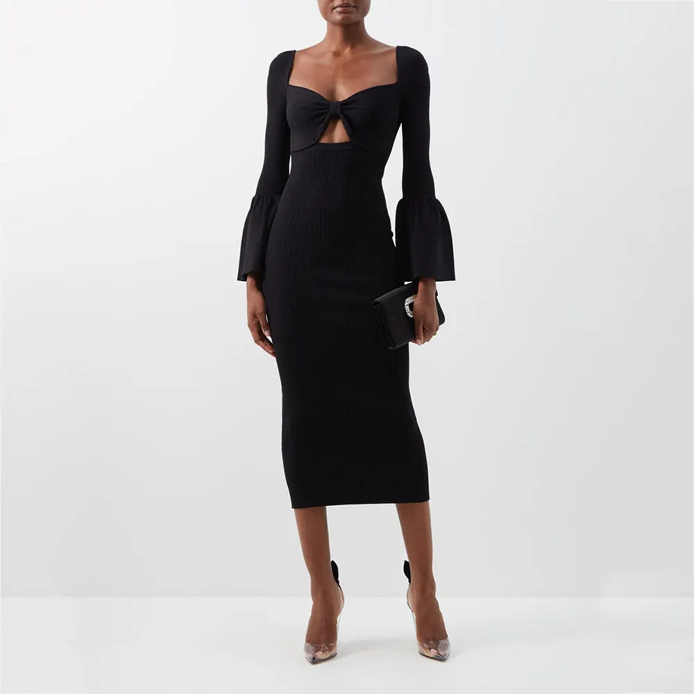 knitwear manufacturer Custom black casual women dress Cutout elegant ribbed knitted midi sweater dress elegant women clothing