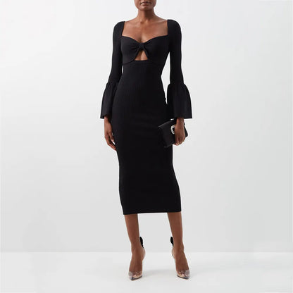 knitwear manufacturer Custom black casual women dress Cutout elegant ribbed knitted midi sweater dress elegant women clothing