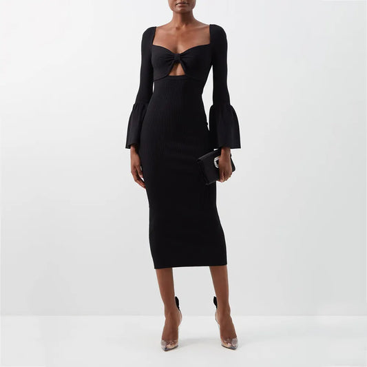 knitwear manufacturer Custom black casual women dress Cutout elegant ribbed knitted midi sweater dress elegant women clothing